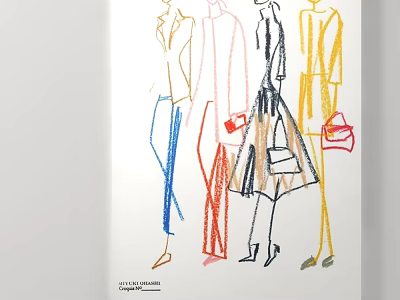 Fashion Design Sketches With Colorful Line Drawings Of Female Figures And Outfits 3d model