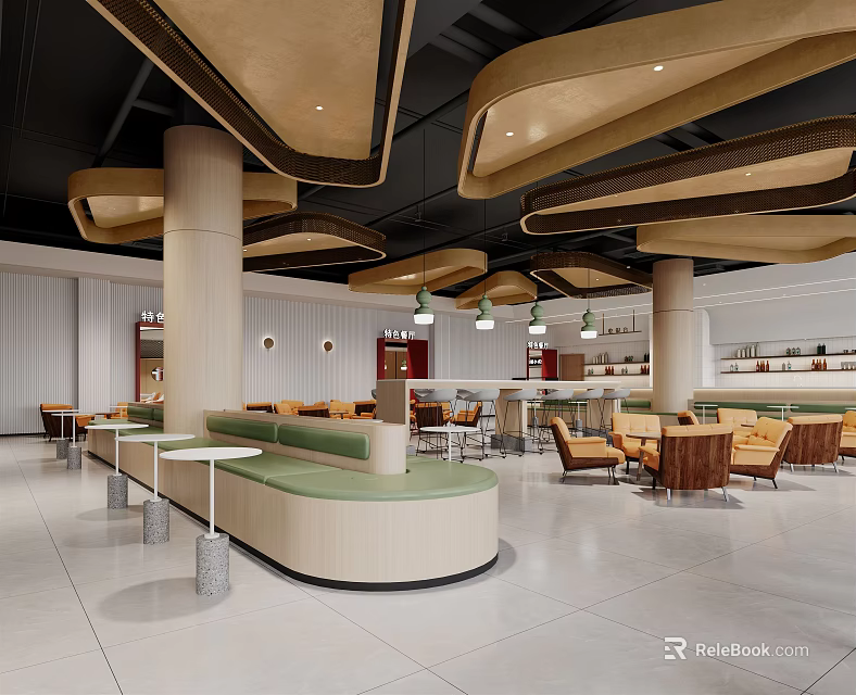 Modern Café Interior With Curved Wooden Ceiling Beige Columns Green Booth Seating And Open Layout 3d model 