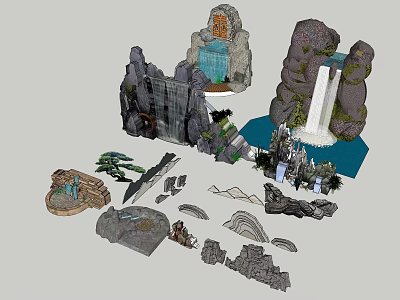 Artistic Garden Ornaments with Rock Formations Waterfalls Small Bridges and Plants 3d model