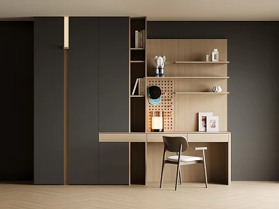 Modern Minimalist Home Office Desk With Chair Bookshelf And Decorative Items 3d model
