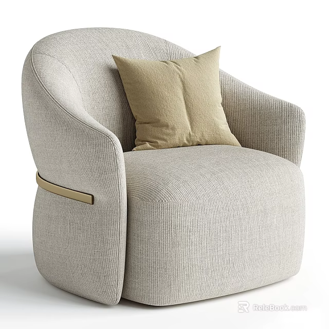 Modern Single Sofa With Beige Accent Pillows Curved Armrests And Golden Trim In Textured Fabric 3d model 