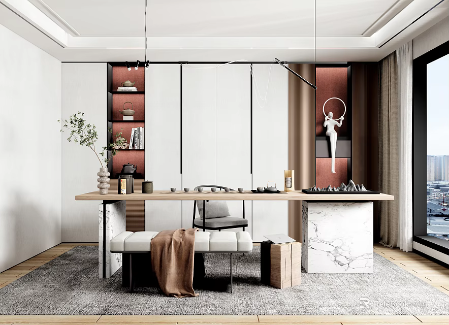Modern Open Tea Room Interior With Wooden Table Marble Counter Green Plants And Bookshelf 3d model 