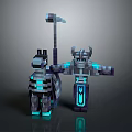 Minecraft Style Man In Armor With Glowing Details And Hammer Weapon