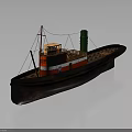 Vintage Red and Black Water Vehicle with Green Chimney Mast and Ropes