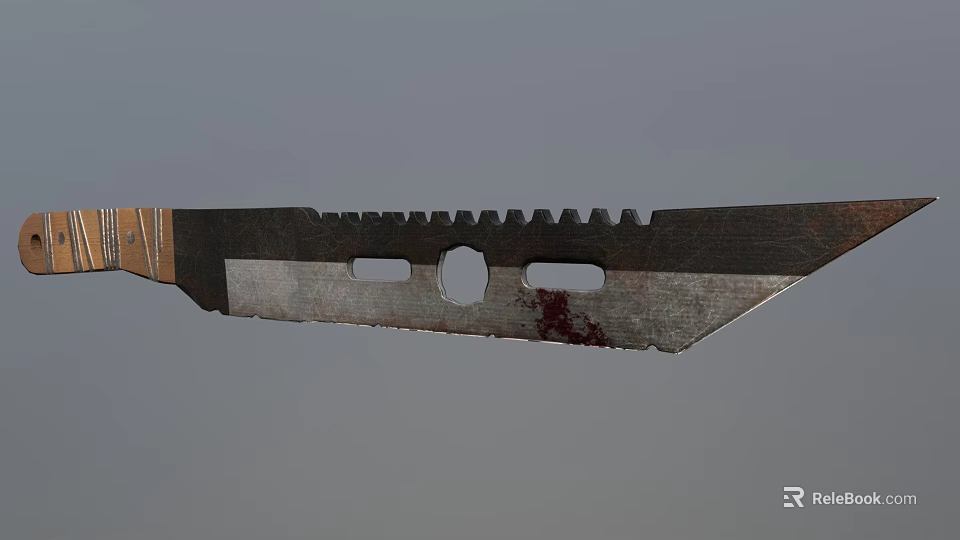 Tactical Military Knife With Serrated Blade Blood Stains And Wooden Handle Design 3d model 
