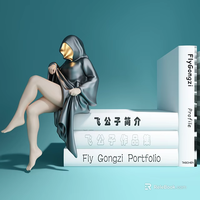 Fly Gongzi Portfolio Books with Decorative Sculpture Gray Cloak and Golden Mask 3d model 