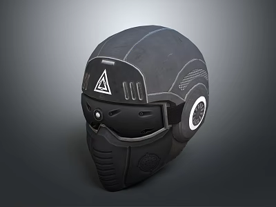 Futuristic Tactical Helmet Design With Triangular Insignia And Circular Side Panels 3d model