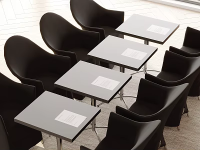 Gray Conference Tables With Black Chairs And White Papers On Metal Frame 3d model
