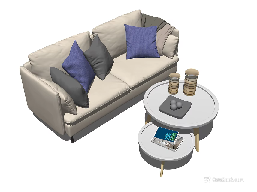 Beige Two Seater Sofa With Blue Gray Throw Pillows And Round Two Tier Coffee Table 3d model 
