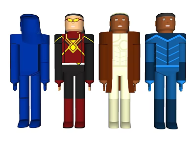 Group of Block Characters With Different Colorful Costumes and Simple Design Standing Together 3d model
