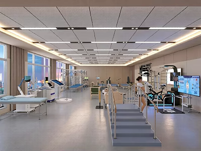 Modern Rehabilitation Center With Gait Training Stairs Exercise Machines And Medical Staff 3d model