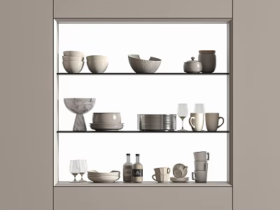 Stylish Tableware Set With Bowls Plates Mugs Wine Glasses Jars Arranged on Kitchen Shelves 3d model