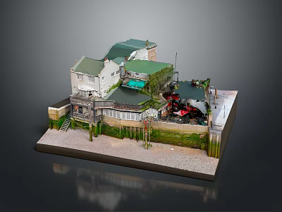 Cartoon Style Miniature Scene With Green Roof Houses Red Vehicle And Vegetation 3d model