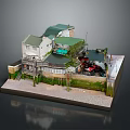 Cartoon Style Miniature Scene With Green Roof Houses Red Vehicle And Vegetation