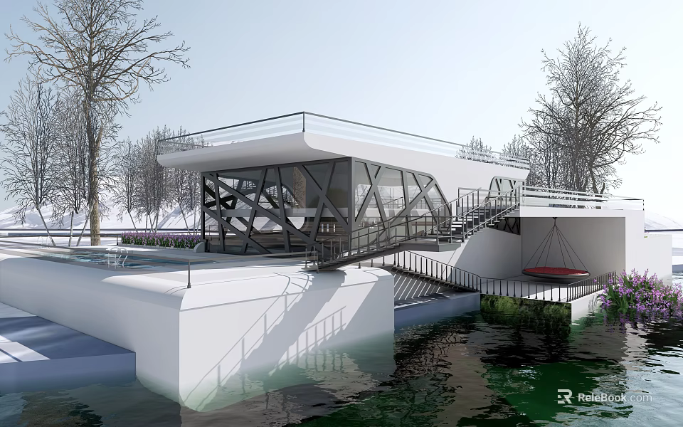 Modern Waterfront Building with Glass Facade and Geometric Structure by Water Featuring Staircase and Terrace 3d model 