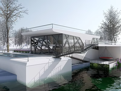 Modern Waterfront Building with Glass Facade and Geometric Structure by Water Featuring Staircase and Terrace 3d model