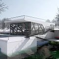Modern Waterfront Building with Glass Facade and Geometric Structure by Water Featuring Staircase and Terrace
