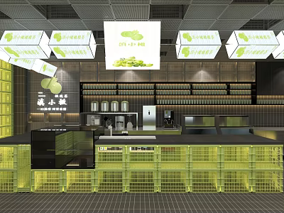 Bubble Tea Shop Interior Design With Green Theme Light Boxes And Wooden Counter Shelves 3d model
