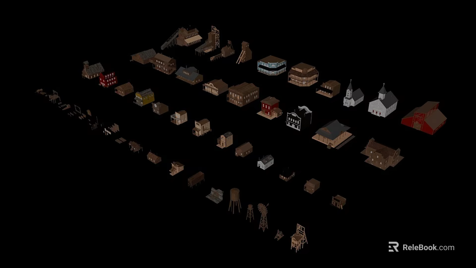 Various Wooden House Models with Different Styles Displayed on Black Background 3d model