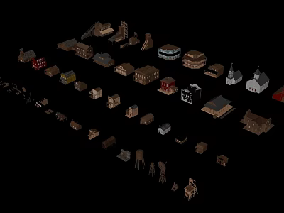 Various Wooden House Models with Different Styles Displayed on Black Background 3d model