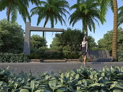 Woman Standing In Open Space With Palm Trees Greenery And Bench Under Blue Sky 3d model