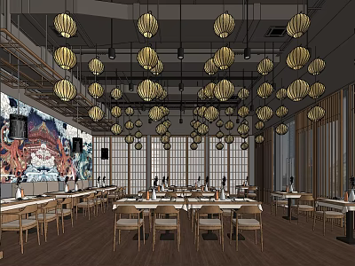 Traditional Restaurant Interior Featuring Hanging Lanterns Wooden Tables And Shoji Screens 3d model