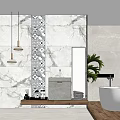 Modern Minimalist Bathroom With Marble Walls Hanging Pendant Lights Decorative Tile Pattern And Standalone Bathtub
