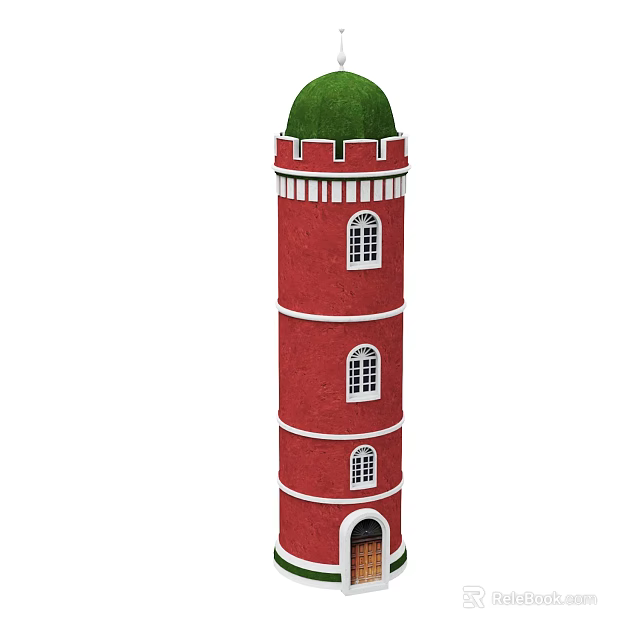 Red Tower Structure With Green Dome White Trim Multiple Floors Windows And Door 3d model 