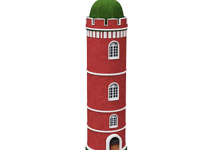 Red Tower Structure With Green Dome White Trim Multiple Floors Windows And Door 3d model