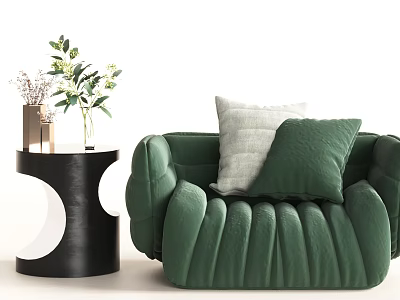 Modern Green Tufted Single Sofa with Decorative Pillows and Black Round Side Table with Plants 3d model