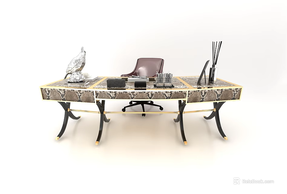 Elegant Patterned Desk With Gold Legs Brown Leather Chair And Decorative Ornaments 3d model 
