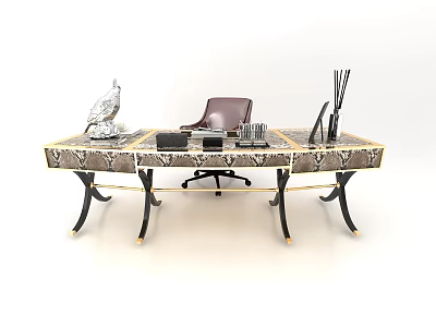 Elegant Patterned Desk With Gold Legs Brown Leather Chair And Decorative Ornaments 3d model