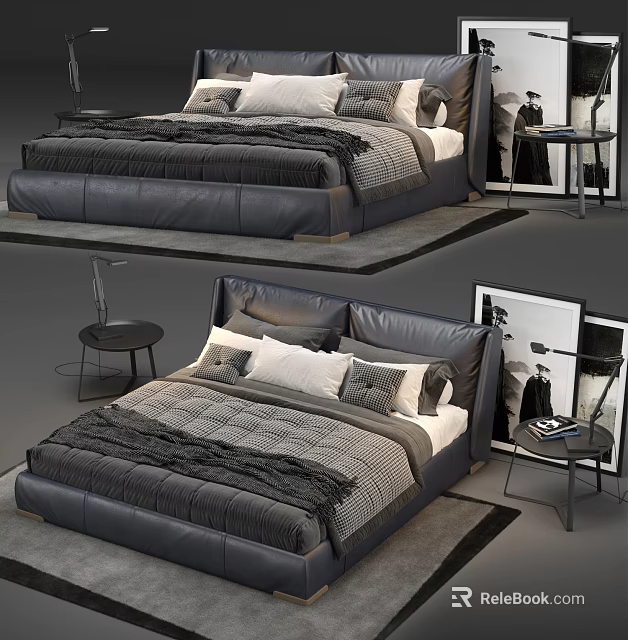 Modern Leather Double Bed With Gray White Bedding Pillows And Side Table Lamp 3d model 