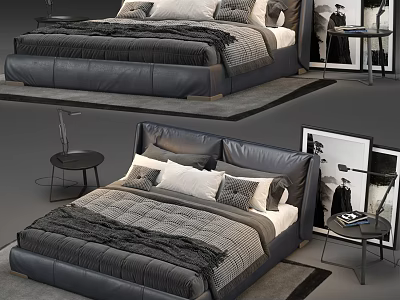 Modern Leather Double Bed With Gray White Bedding Pillows And Side Table Lamp 3d model
