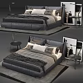 Modern Leather Double Bed With Gray White Bedding Pillows And Side Table Lamp 3d model
