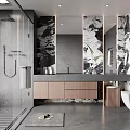 Modern Bathroom Interior With Marble Accent Wall Glass Shower And Wooden Vanity