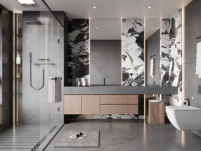 Modern Bathroom Interior With Marble Accent Wall Glass Shower And Wooden Vanity 3d model