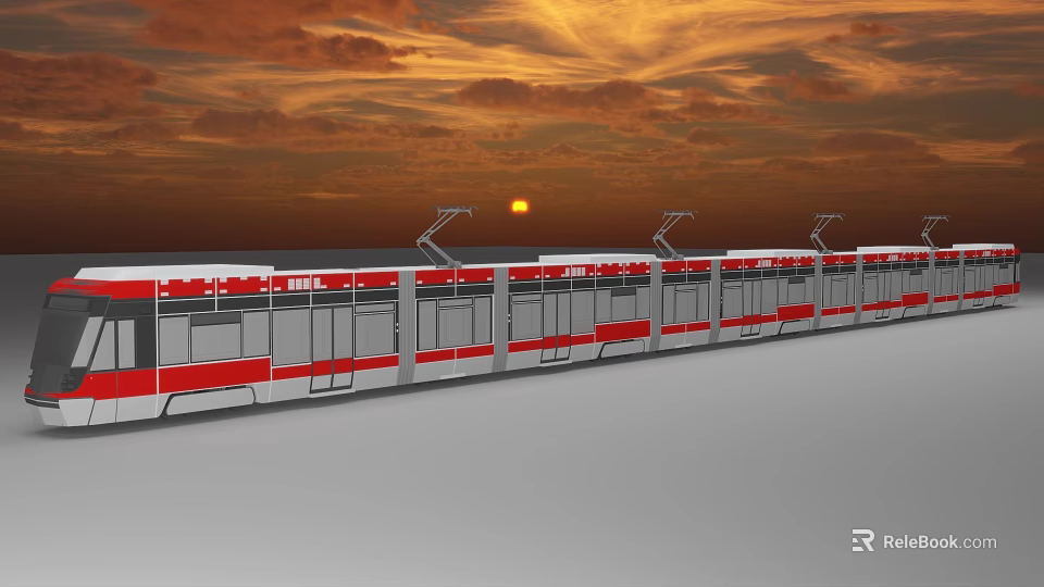 Modern Red White Metro Train On Track Against Sunset Sky With Orange Clouds 3d model 