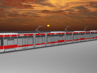 Modern Red White Metro Train On Track Against Sunset Sky With Orange Clouds 3d model