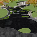 Tranquil Garden Landscape With Red Maple Trees Green Foliage Pond Reflections And Stone Features