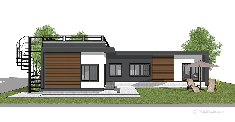 Modern Detached Villa Black And White Exterior Wooden Panels Large Windows Green Lawn Outdoor Seating 3d model 
