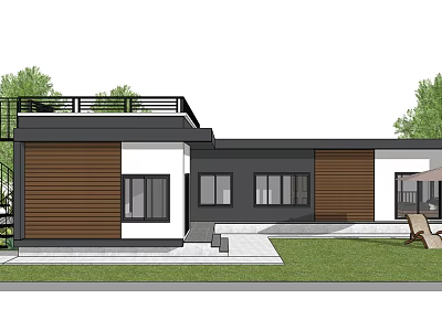 Modern Detached Villa Black And White Exterior Wooden Panels Large Windows Green Lawn Outdoor Seating 3d model