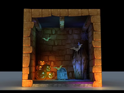 Halloween Themed Photo Spot With Stone Brick Walls Bats Spider Webs And RIP Tombstone 3d model