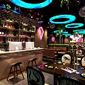 Modern Restaurant Interior With Blue Purple Lighting Circular Hanging Lights Large Screen And Dining Tables