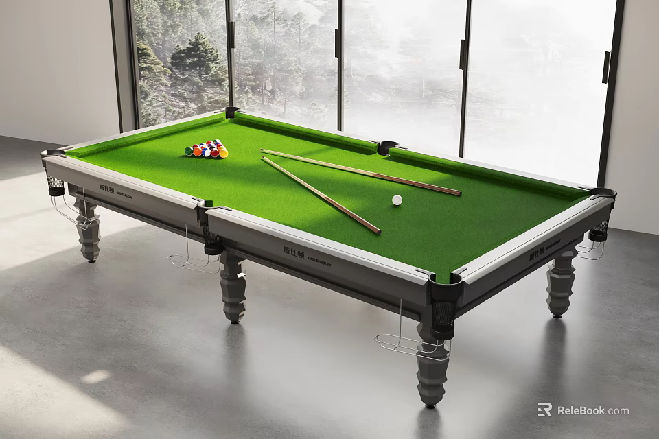 Modern Billiard Room With Green Table Balls Cues And Large Windows 3d model 