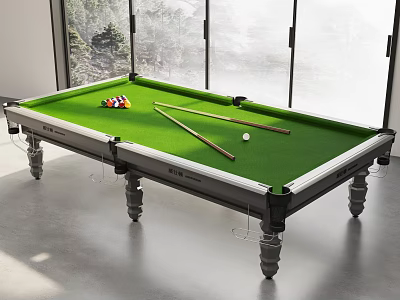 Modern Billiard Room With Green Table Balls Cues And Large Windows 3d model