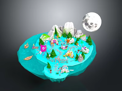 Cartoon Scene With Island Mountains Full Moon Boats Trees And Colorful Characters 3d model