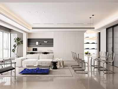 Modern Living Dining Room Interior With White Sofa Glass Dining Chairs And Pendant Light 3d model