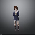 Young Woman In Blue White School Uniform With Brown Hair Holding Object Against Gray Background