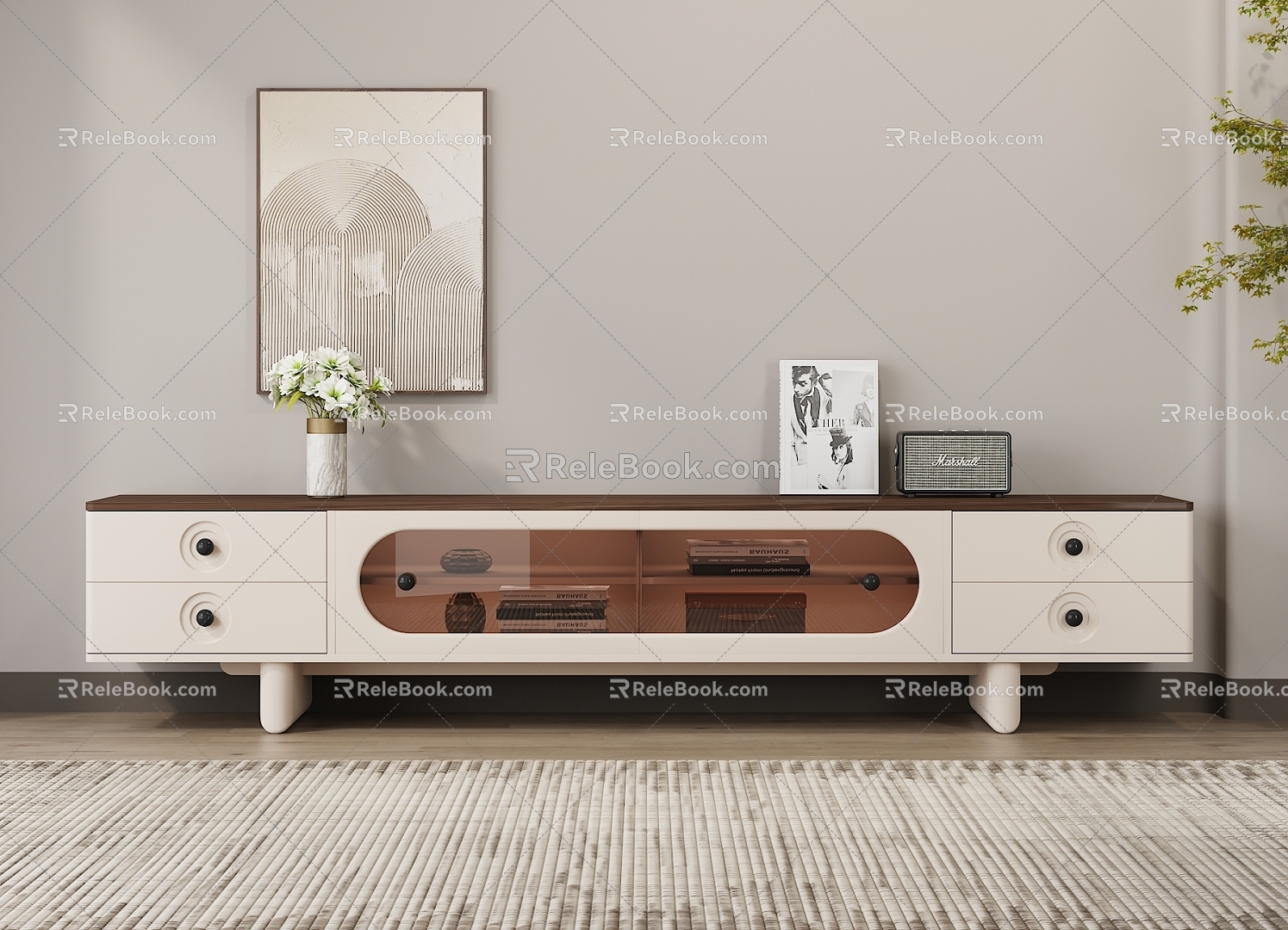 TV Cabinet Cream Style Walnut Modern Tea Glass Smart Vase Audio Hanging Painting Decorative Painting Green Plant Carpet Floor Cabinet Storage Cabinet Cabinet 3d model